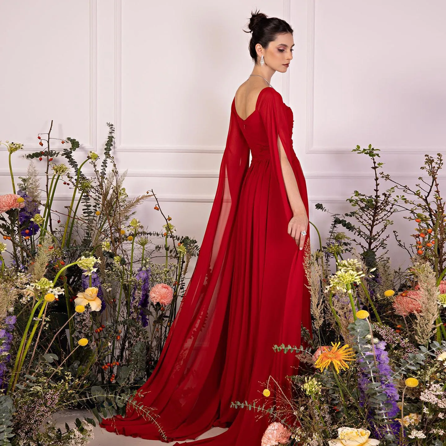 Elegant Red Chiffon Evening Dresses with Cape Sleeves SF032