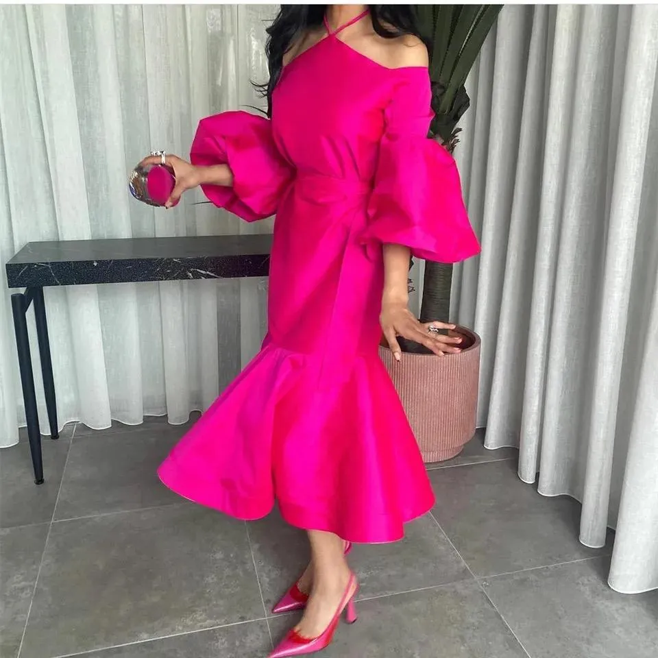 Elegant Short Halter Taffeta Evening Dresses Puffy Sleeve 3XL 070668791