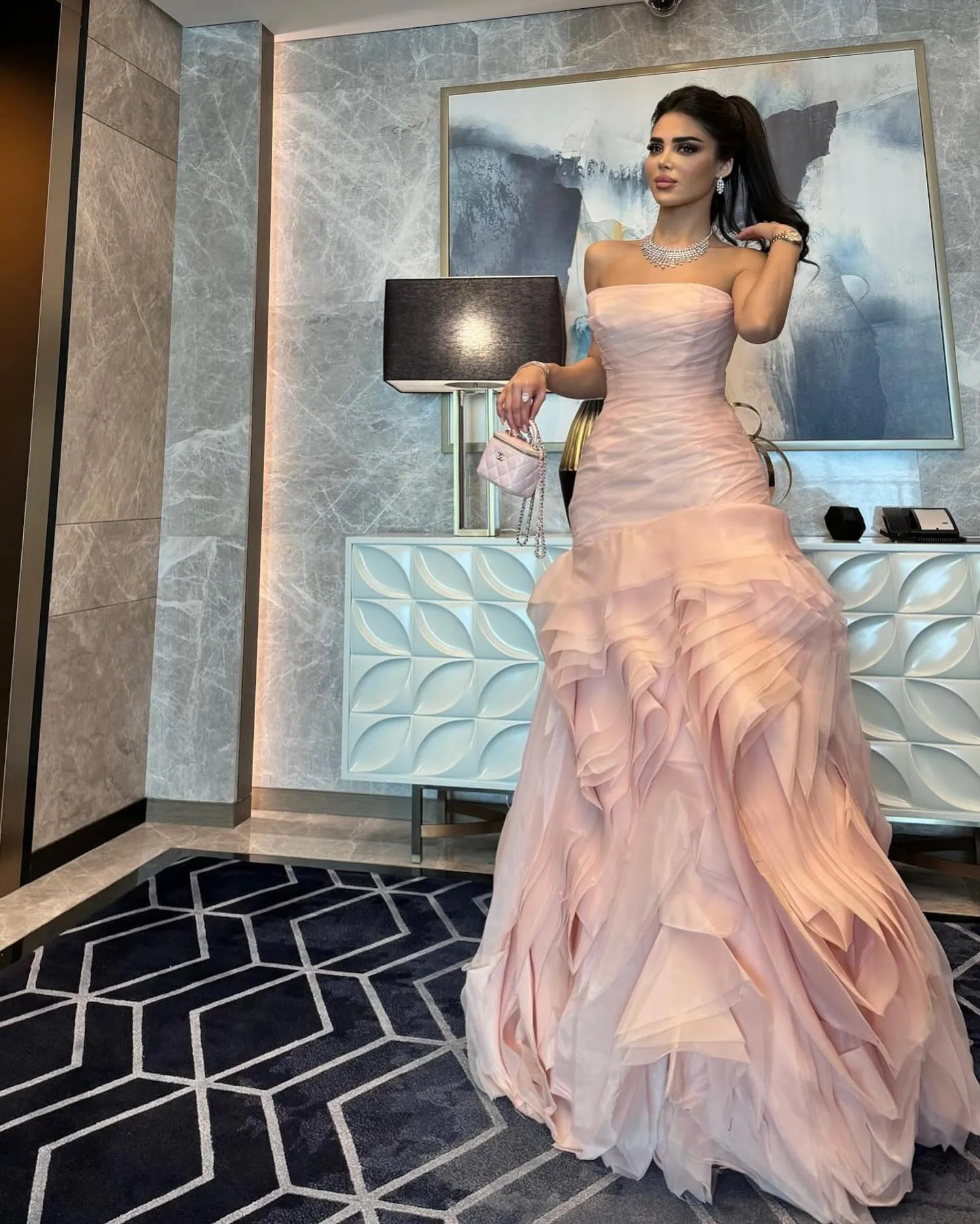 Elegant Strapless Ruffles Pink Evening Dress SF040