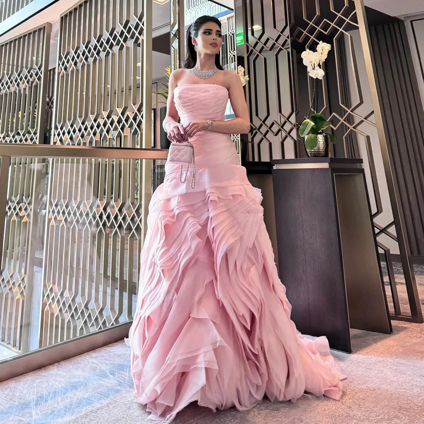 Elegant Strapless Ruffles Pink Evening Dress SF040