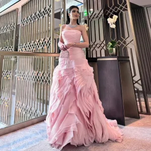 Elegant Strapless Ruffles Pink Evening Dress SF040