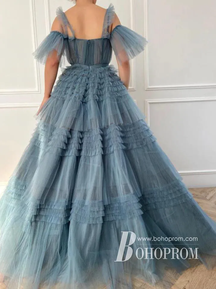 Elegant Tiered Tulle Floor-length Prom Dresses A-line Evening Gowns PD692