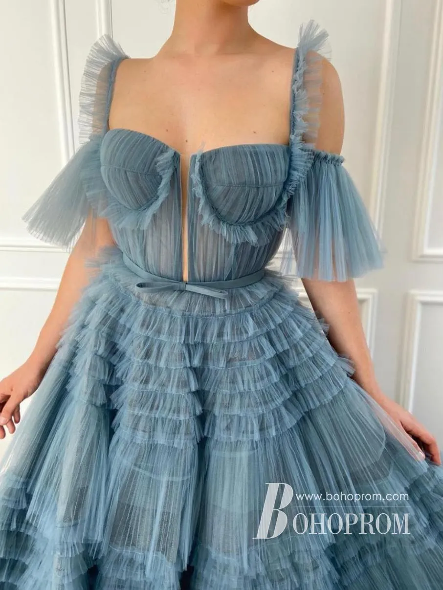 Elegant Tiered Tulle Floor-length Prom Dresses A-line Evening Gowns PD692