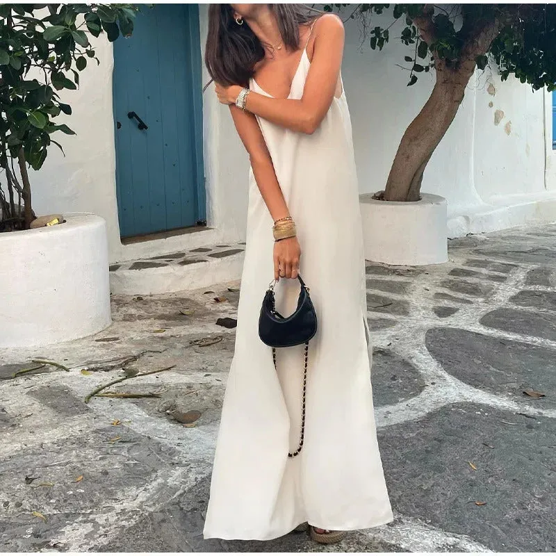 Elegant White V-neck Slit Maxi Dress For Women Fashion Backless Sleeveless Sling Dresses 2024 Summer Female Beach Vacation Robes