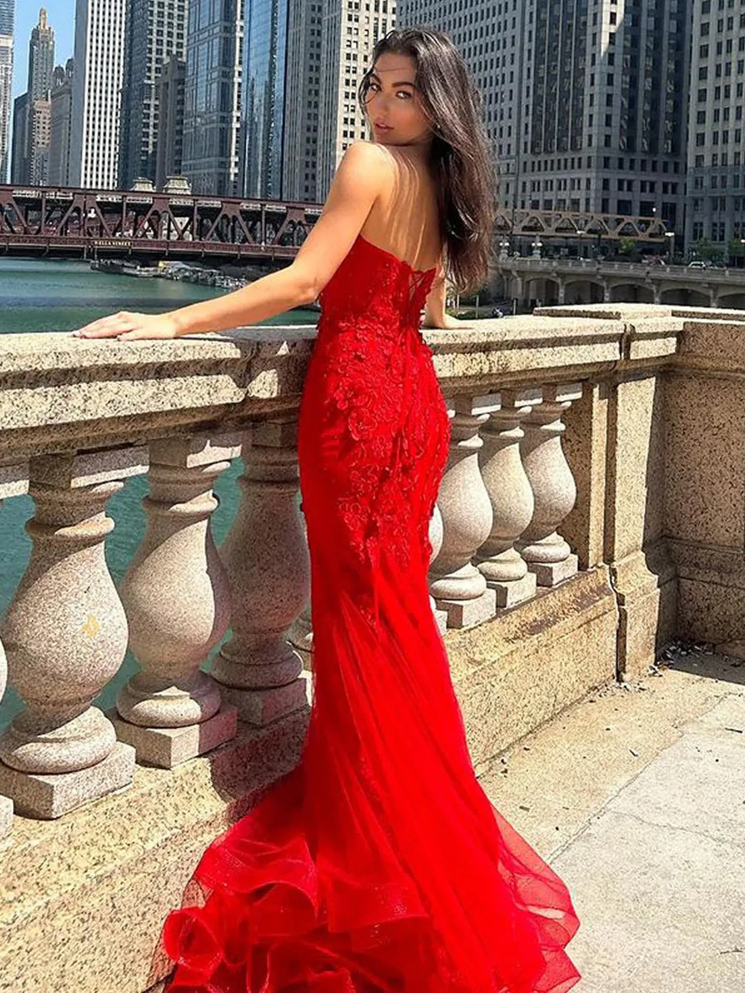 Ellorie | Mermaid Sweetheart Red Lace Long Prom Dresses