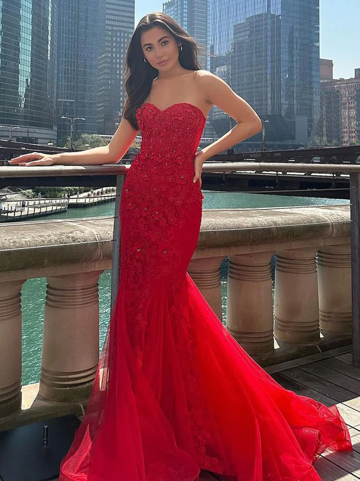 Ellorie | Mermaid Sweetheart Red Lace Long Prom Dresses