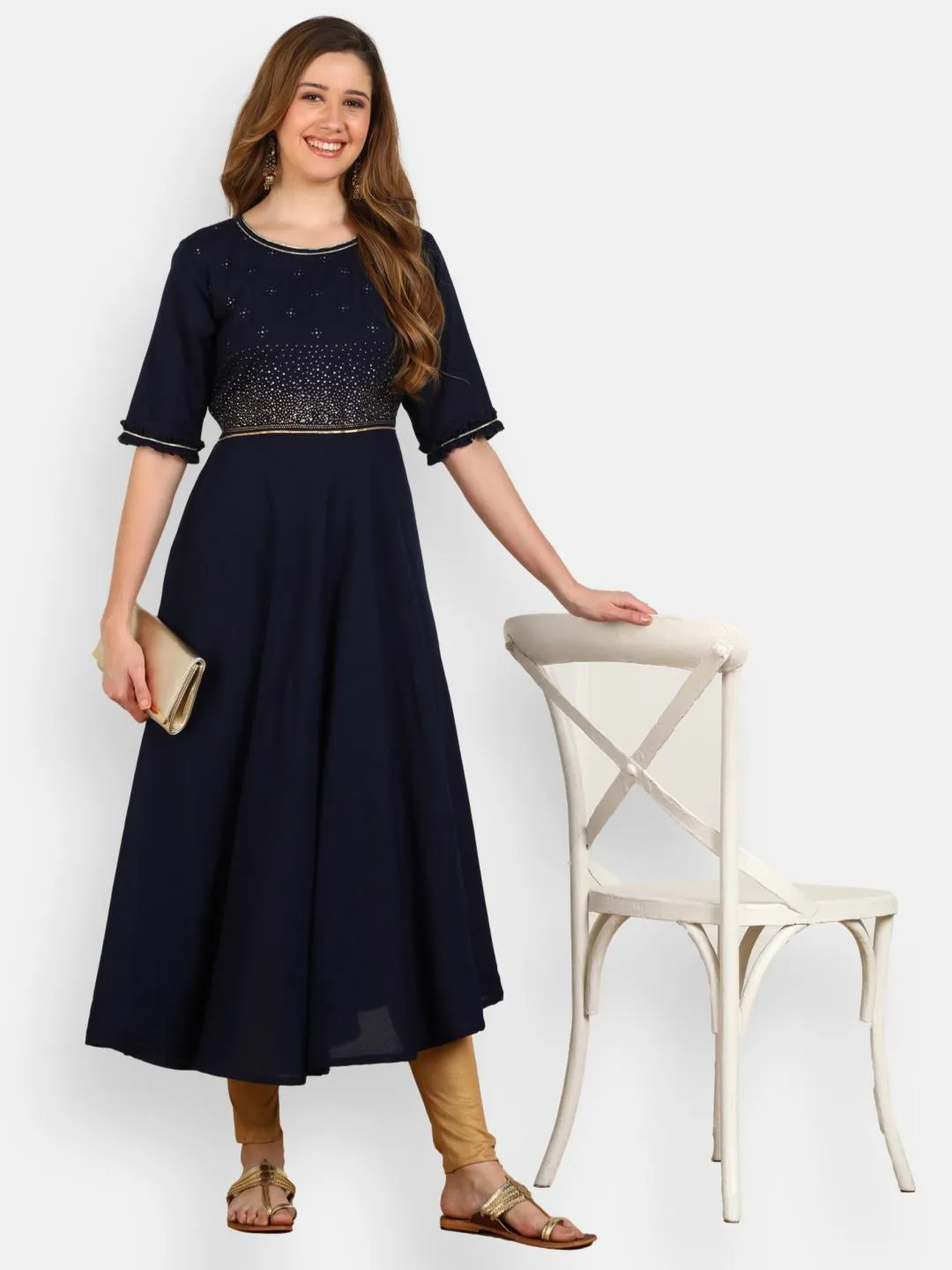 Embellished Flared Solid Kurta - Navy Blue