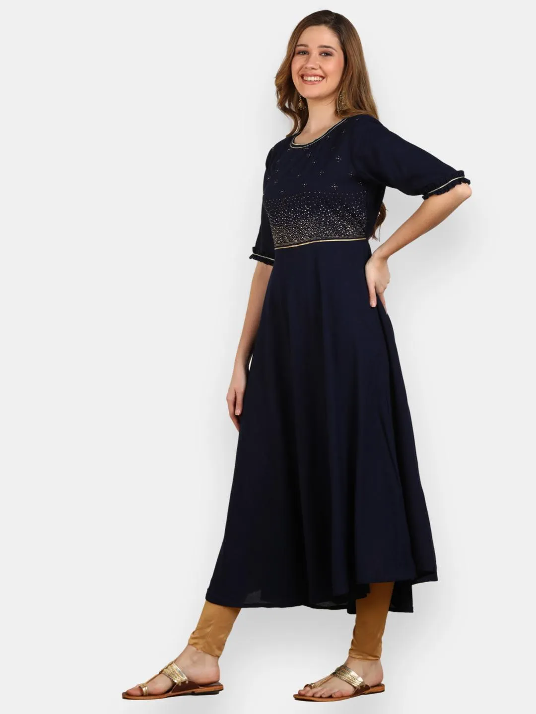 Embellished Flared Solid Kurta - Navy Blue