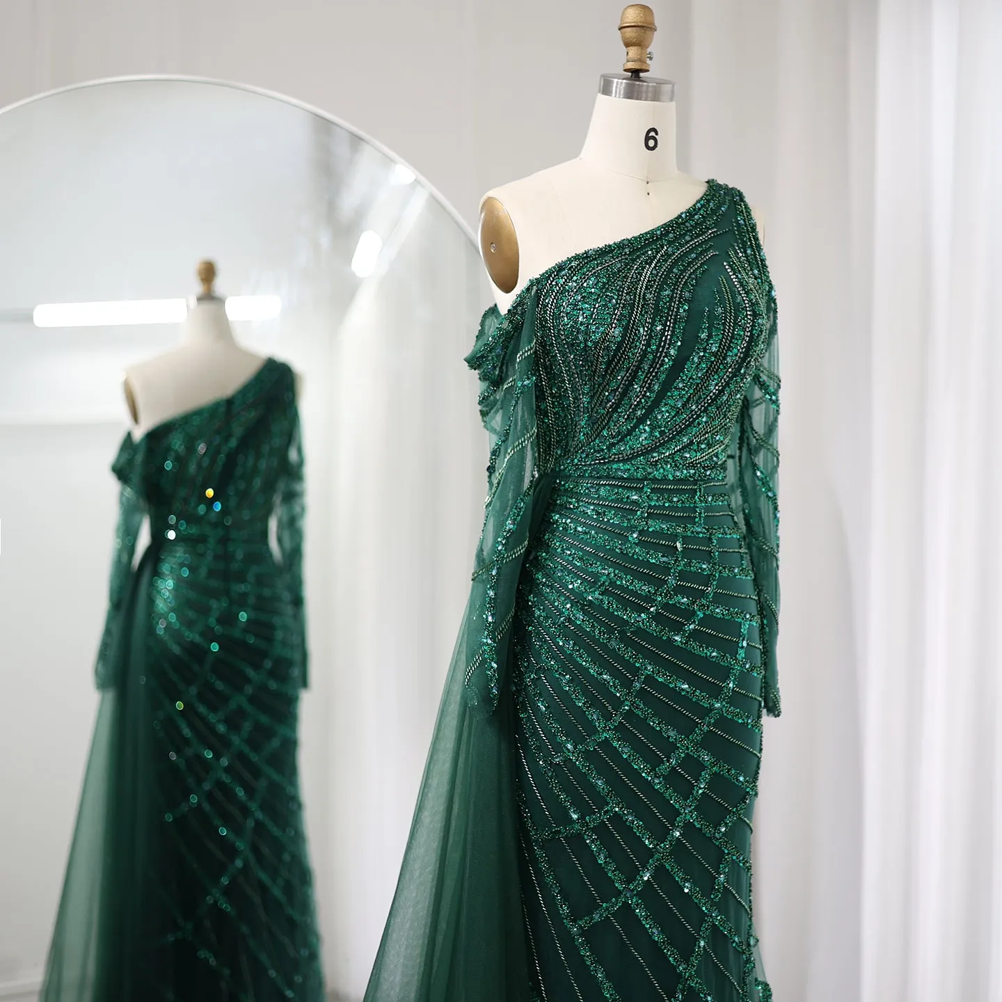 Emerald Green One Shoulder Evening Dress with Overskirt SS413