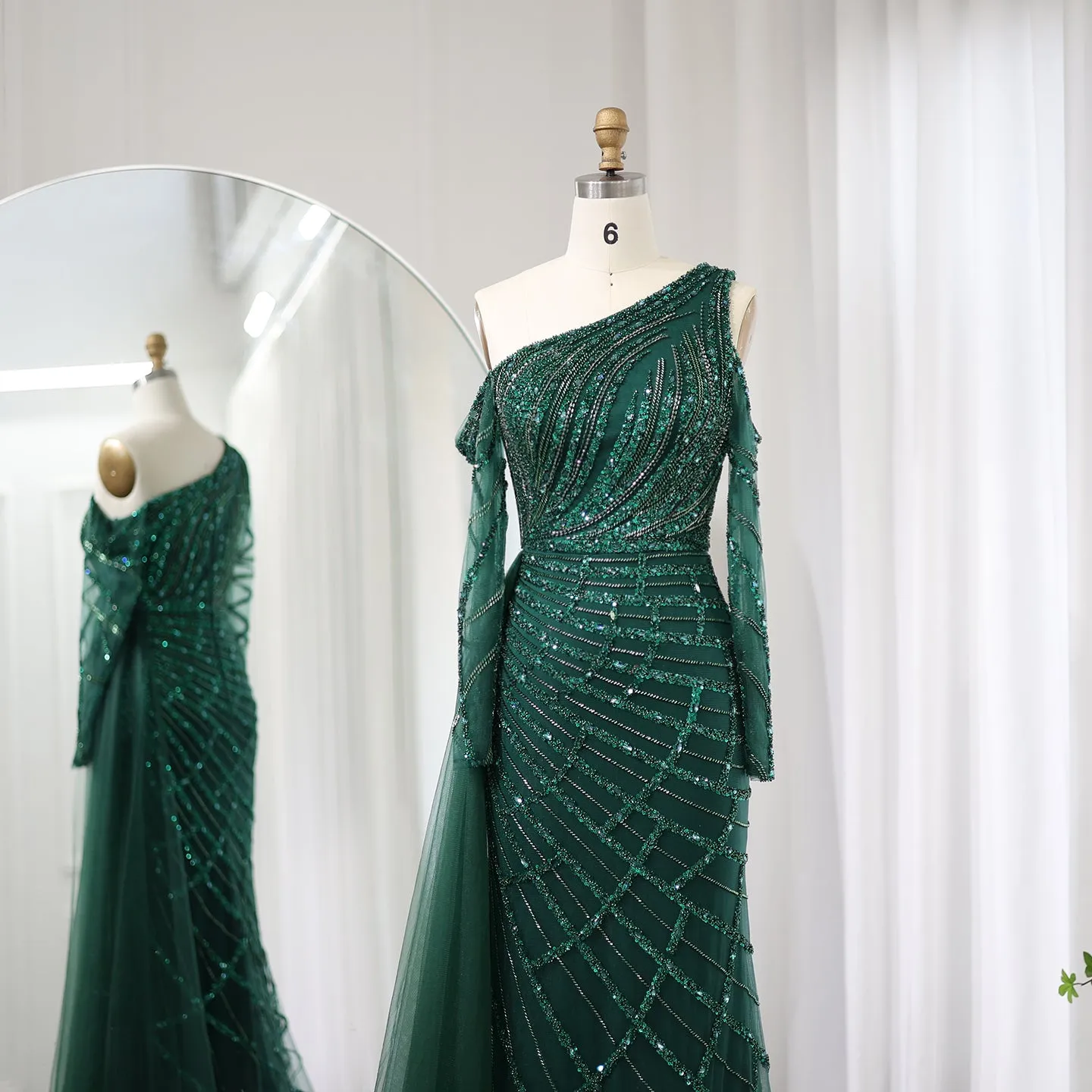 Emerald Green One Shoulder Evening Dress with Overskirt SS413