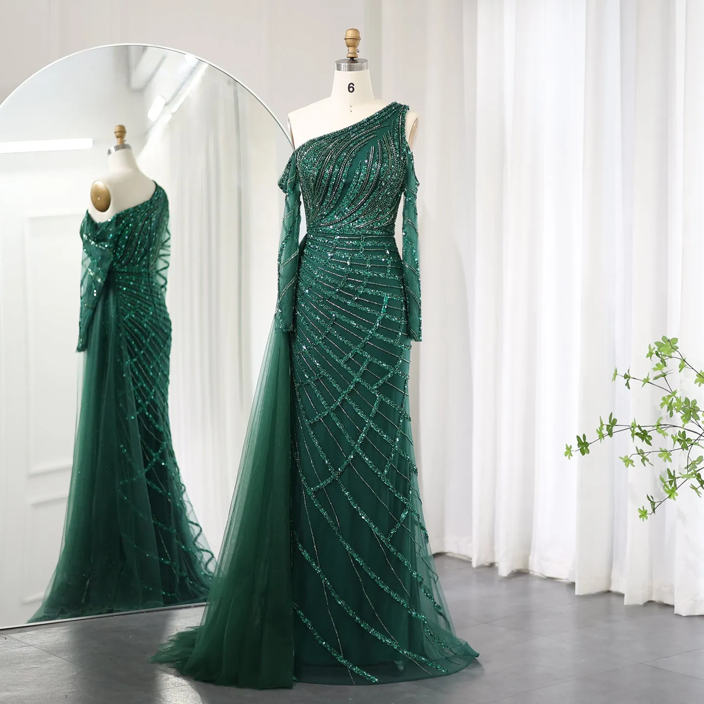 Emerald Green One Shoulder Evening Dress with Overskirt SS413