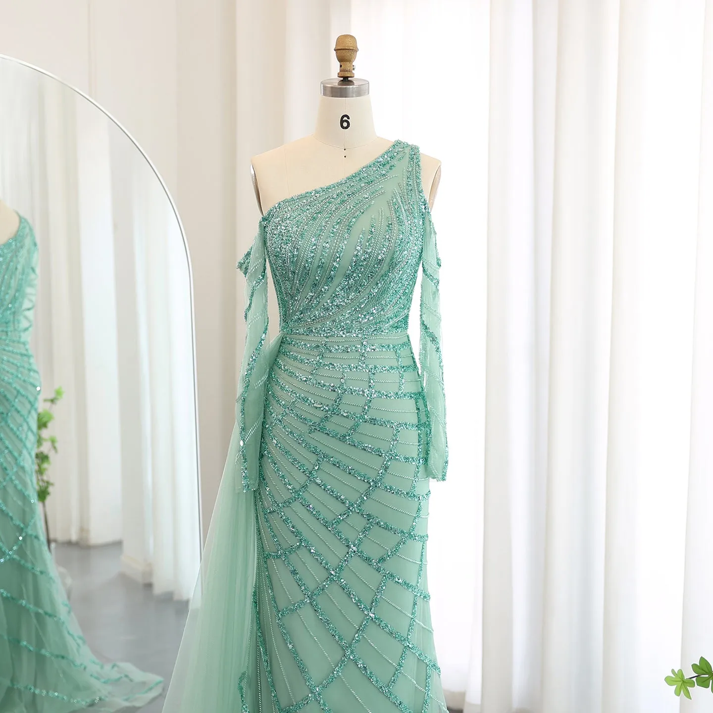 Emerald Green One Shoulder Evening Dress with Overskirt SS413