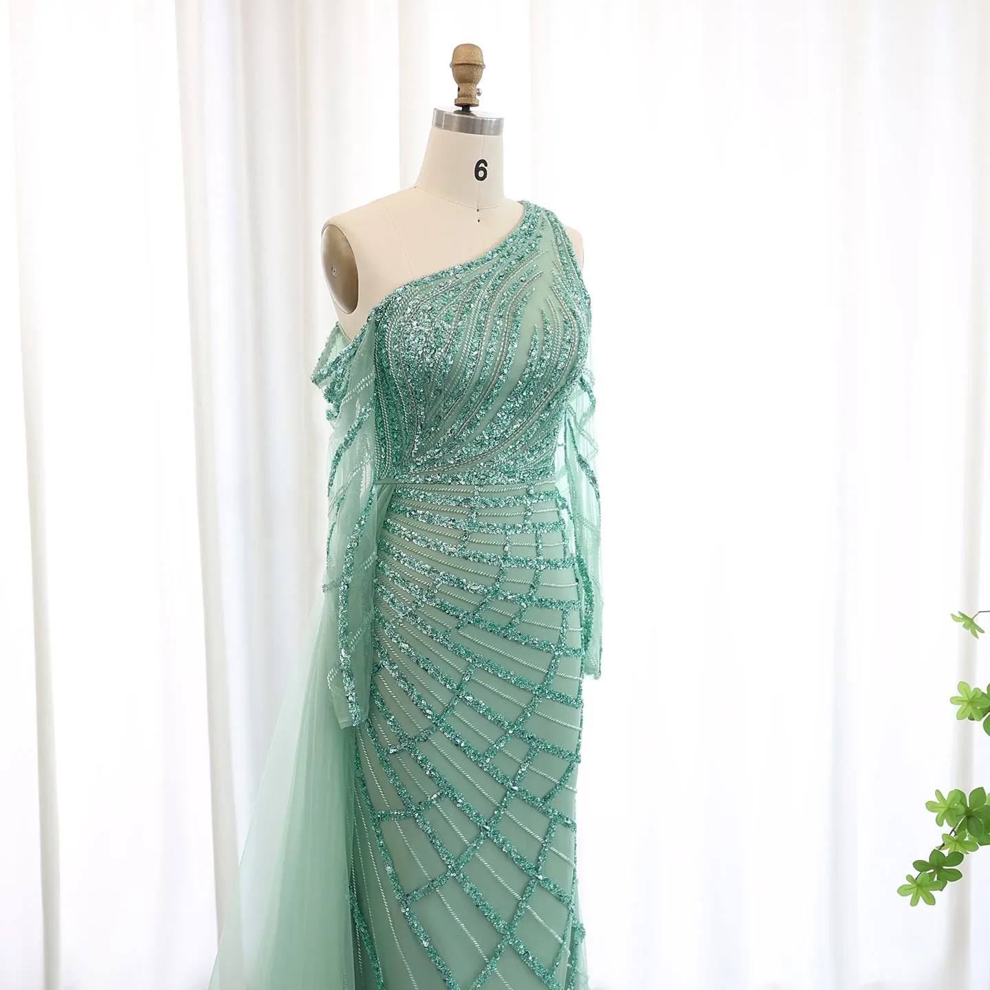 Emerald Green One Shoulder Evening Dress with Overskirt SS413