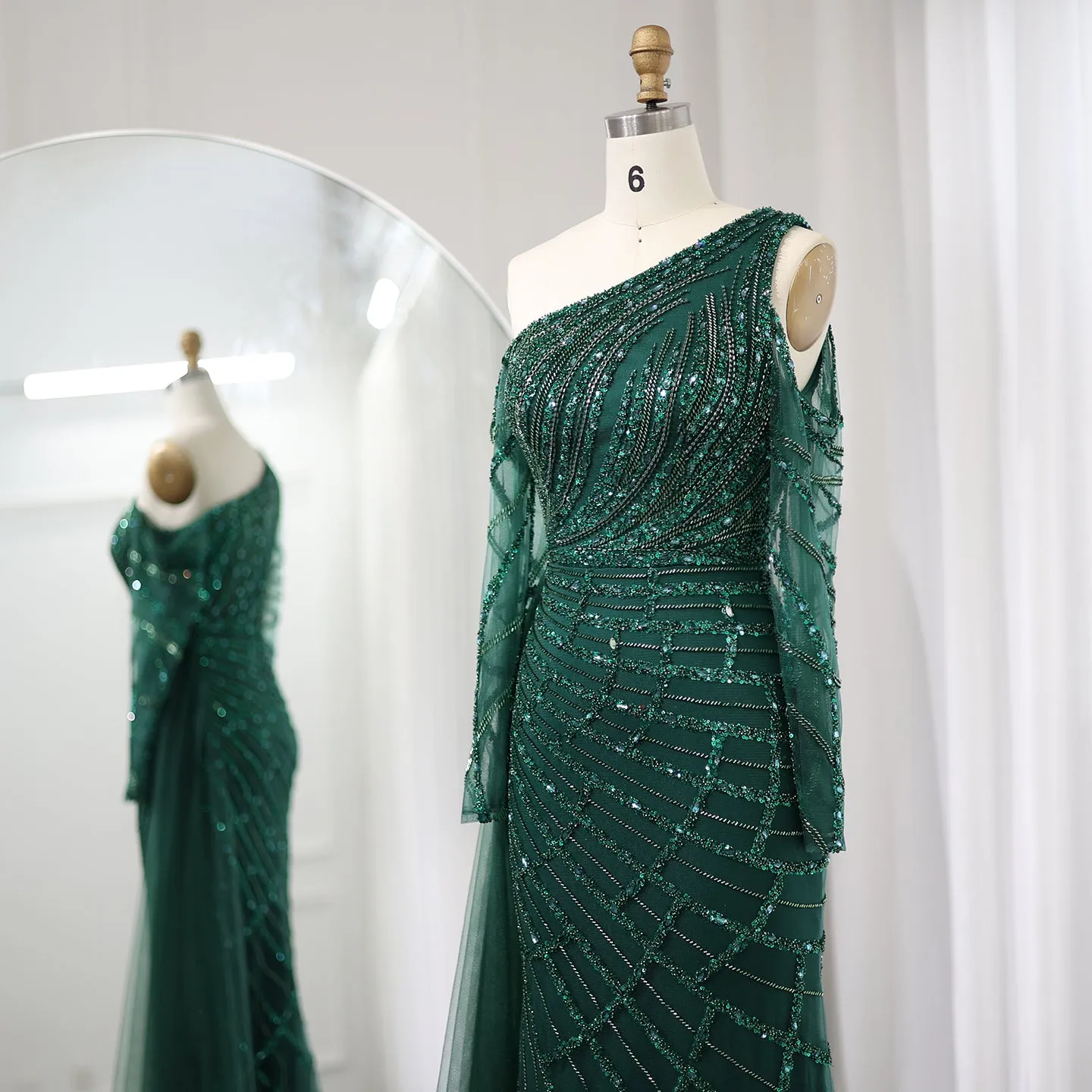 Emerald Green One Shoulder Evening Dress with Overskirt SS413