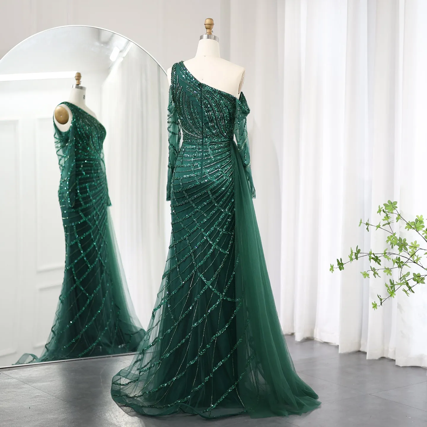 Emerald Green One Shoulder Evening Dress with Overskirt SS413