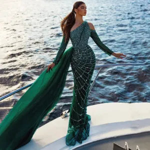 Emerald Green One Shoulder Evening Dress with Overskirt SS413