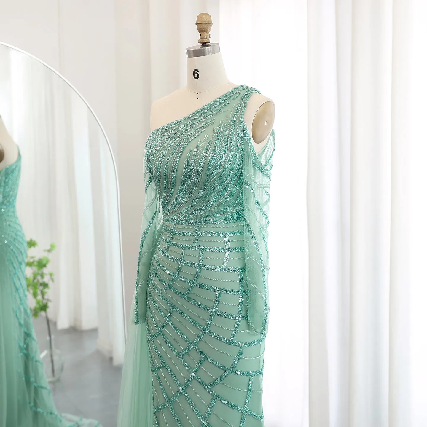 Emerald Green One Shoulder Evening Dress with Overskirt SS413