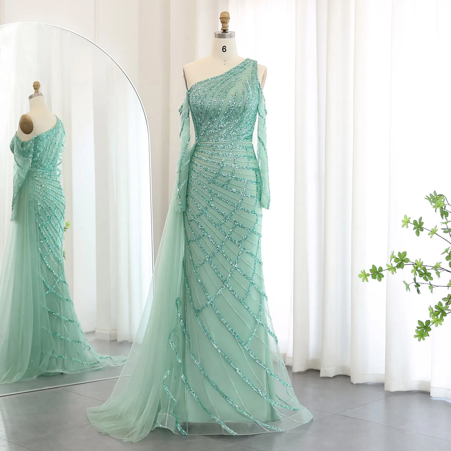 Emerald Green One Shoulder Evening Dress with Overskirt SS413