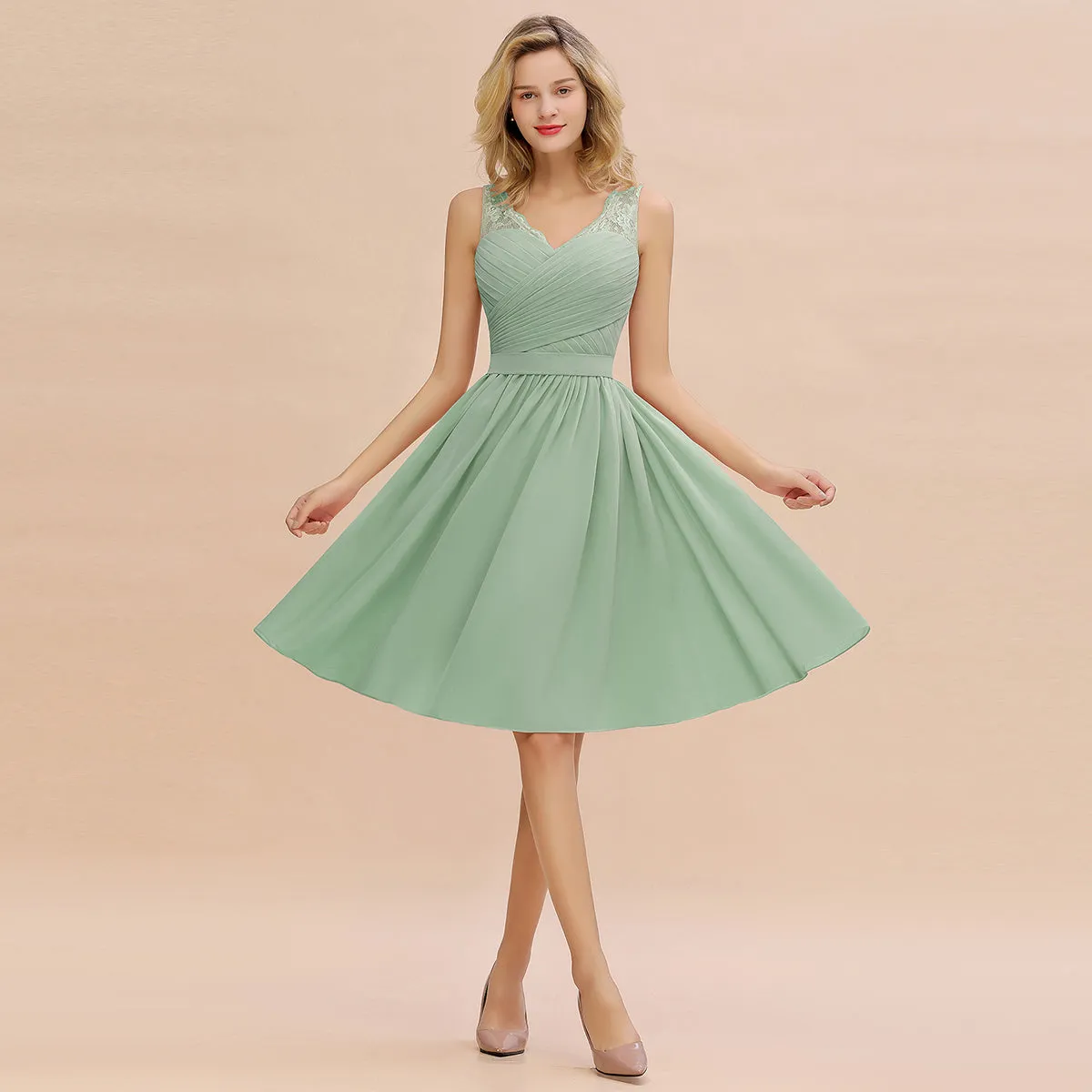 Fabulous A-Line V-Neck Sleeveless Satin Short Bridesmaid Dresses