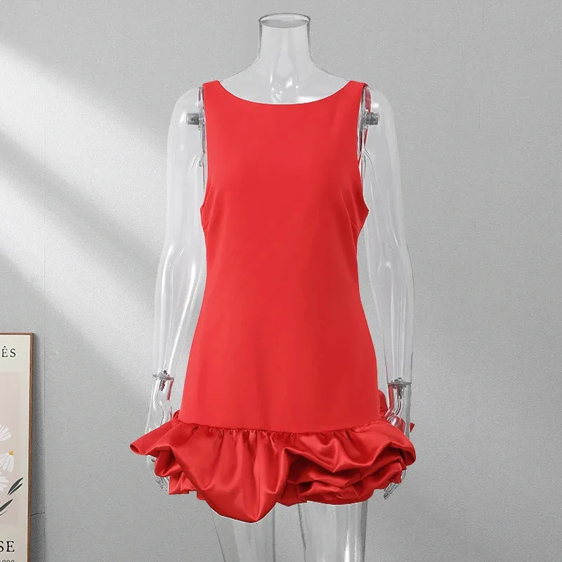 Fashion Sexy Red Ruffled Hem Women Dress Elegant O-neck Sleeveless Slim Mini Dresses Summer Lady Party Club Evening Vestidos