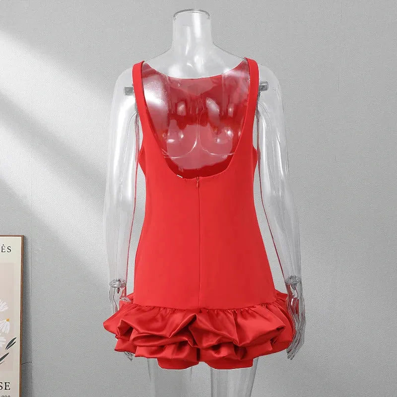 Fashion Sexy Red Ruffled Hem Women Dress Elegant O-neck Sleeveless Slim Mini Dresses Summer Lady Party Club Evening Vestidos