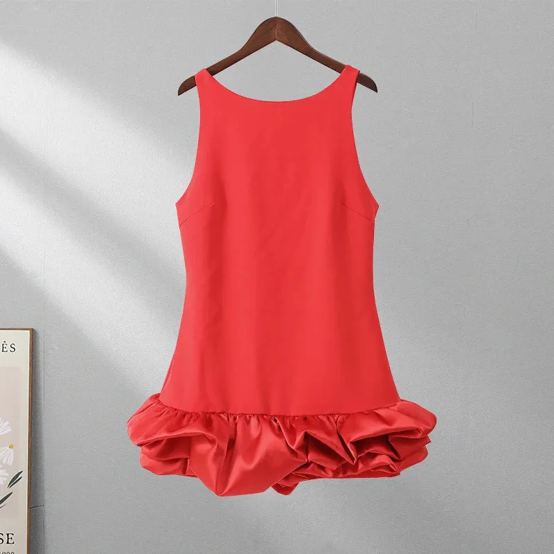 Fashion Sexy Red Ruffled Hem Women Dress Elegant O-neck Sleeveless Slim Mini Dresses Summer Lady Party Club Evening Vestidos