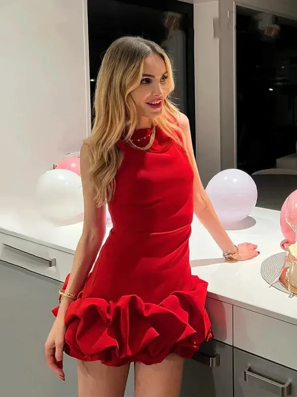 Fashion Sexy Red Ruffled Hem Women Dress Elegant O-neck Sleeveless Slim Mini Dresses Summer Lady Party Club Evening Vestidos