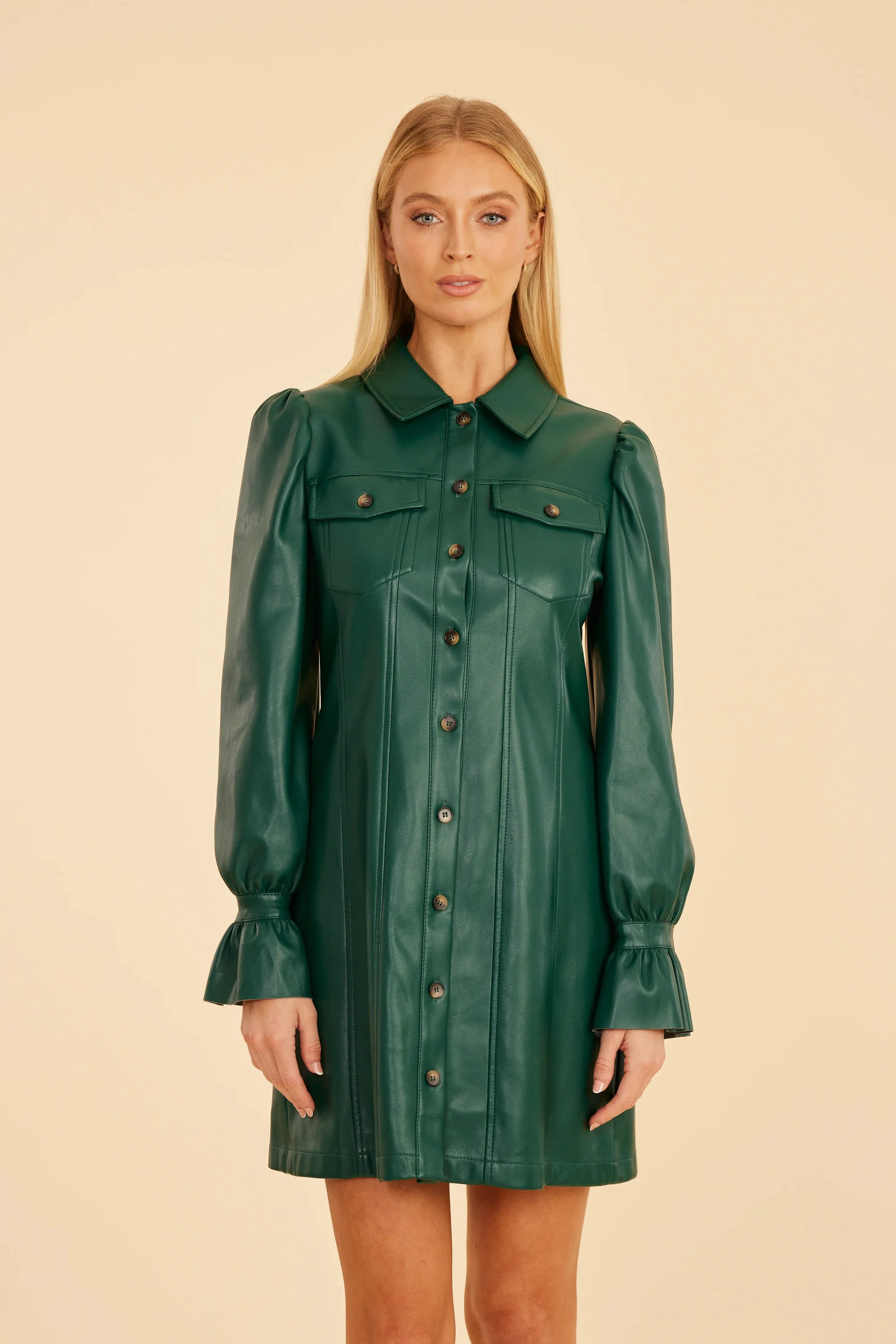 Faux Leather Ruffle Cuff Dress - Forest Green