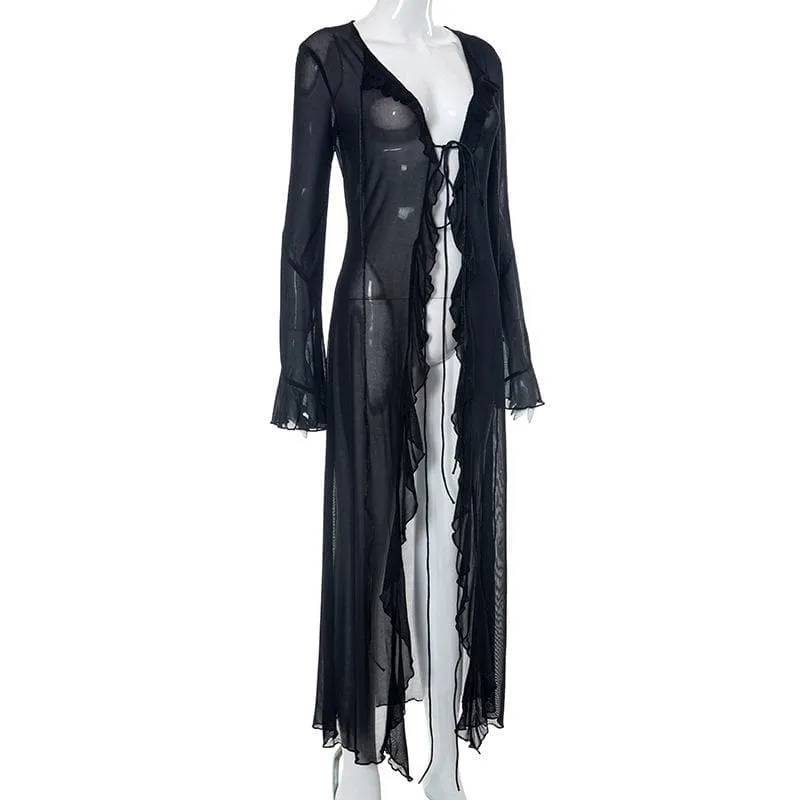 Flared sleeve ruffle sheer mesh see through self tie maxi dress