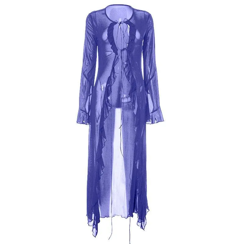 Flared sleeve ruffle sheer mesh see through self tie maxi dress