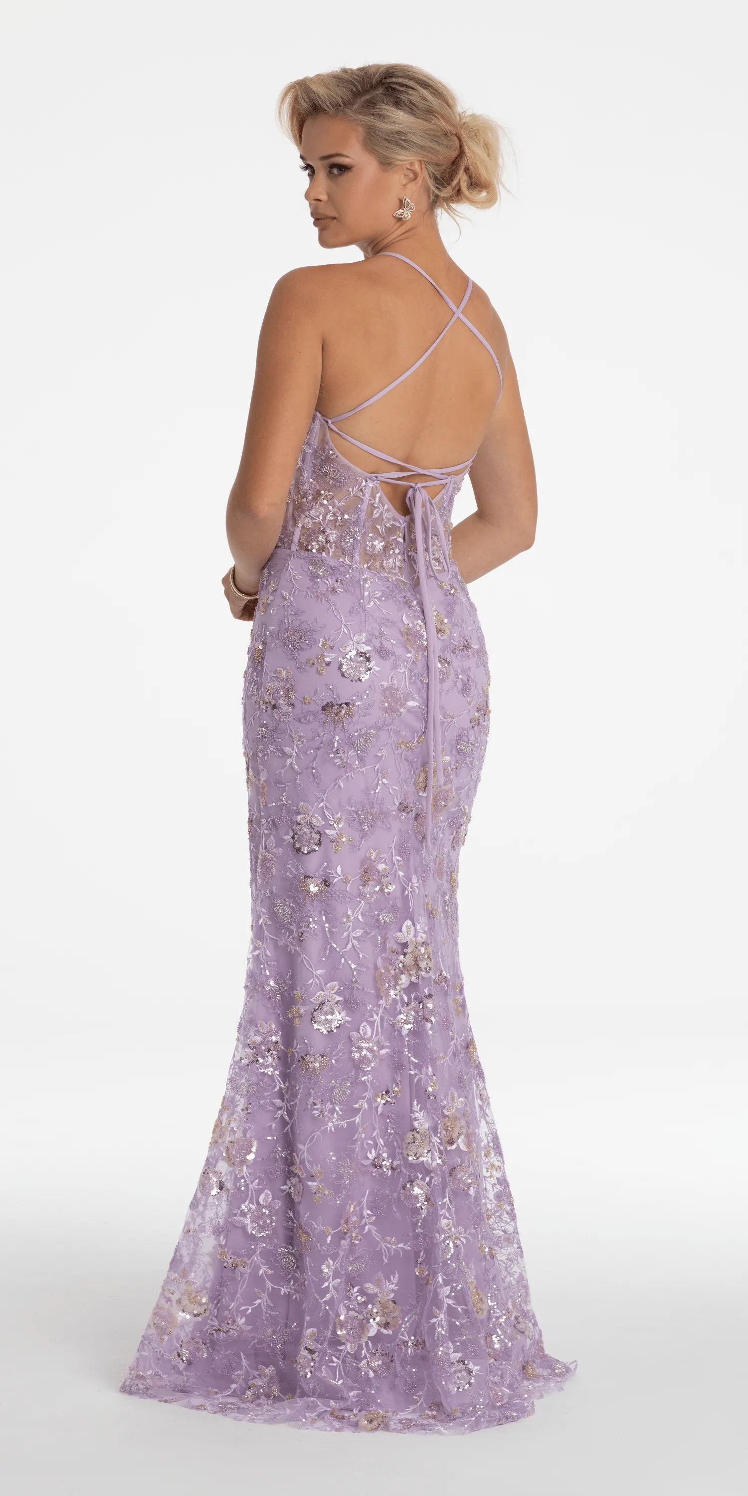 Floral Embellished Mesh Halter Lace Up Back Trumpet Dress