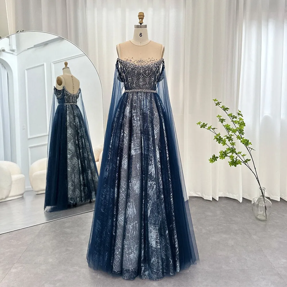 For Sale Blue Evening Dress with Cape Sleeves SS300