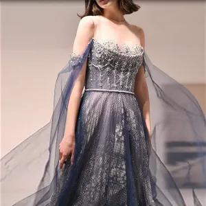 For Sale Blue Evening Dress with Cape Sleeves SS300