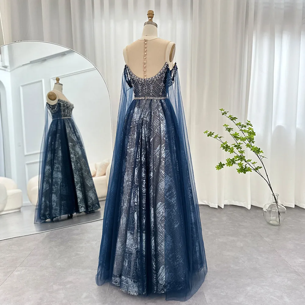 For Sale Blue Evening Dress with Cape Sleeves SS300