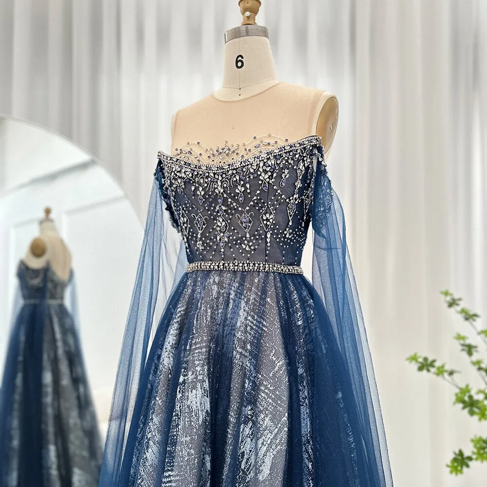 For Sale Blue Evening Dress with Cape Sleeves SS300