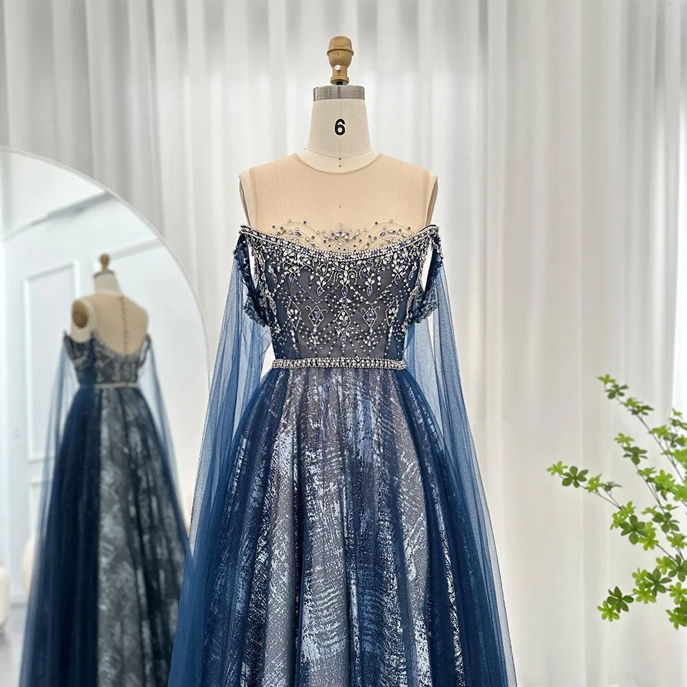 For Sale Blue Evening Dress with Cape Sleeves SS300