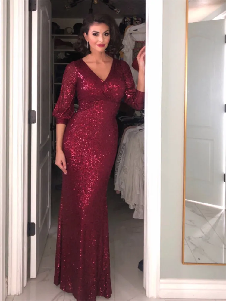 Formal Prom Party Gown Modern Full Sequins long Sleeve dress