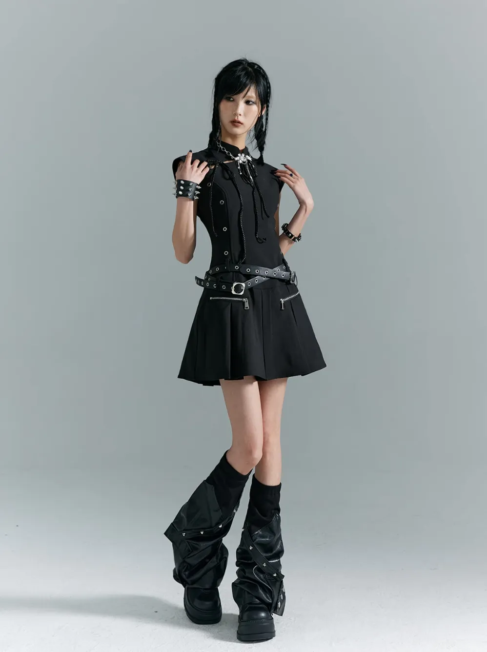 Frustration Garden Gothic Punk Mini Dress - Black Sleeveless A-Line With Zipper Pockets And Belt