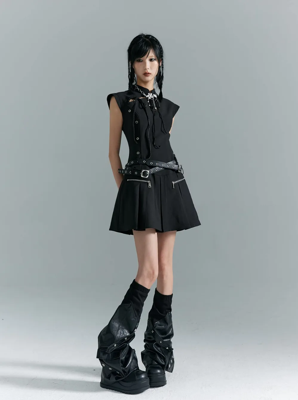 Frustration Garden Gothic Punk Mini Dress - Black Sleeveless A-Line With Zipper Pockets And Belt