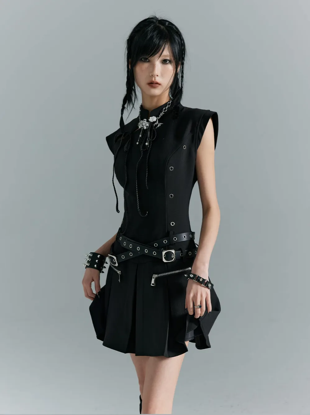 Frustration Garden Gothic Punk Mini Dress - Black Sleeveless A-Line With Zipper Pockets And Belt