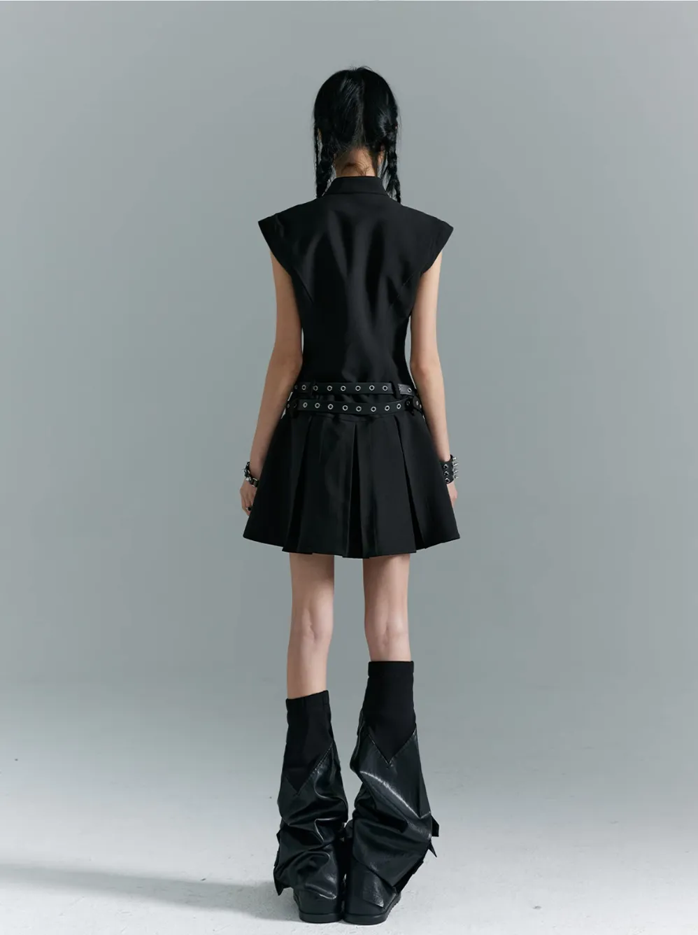 Frustration Garden Gothic Punk Mini Dress - Black Sleeveless A-Line With Zipper Pockets And Belt