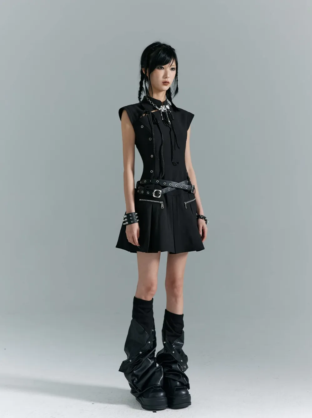 Frustration Garden Gothic Punk Mini Dress - Black Sleeveless A-Line With Zipper Pockets And Belt