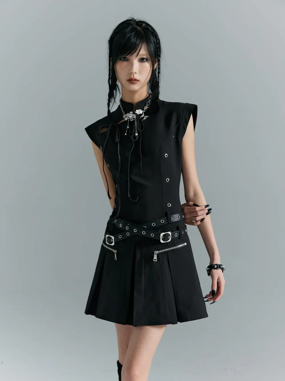 Frustration Garden Gothic Punk Mini Dress - Black Sleeveless A-Line With Zipper Pockets And Belt