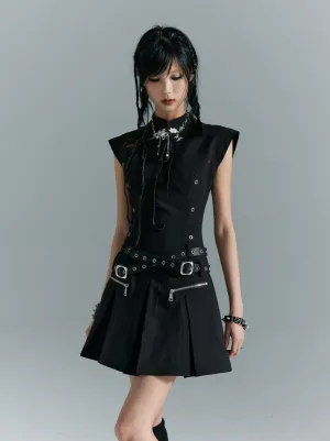 Frustration Garden Gothic Punk Mini Dress - Black Sleeveless A-Line With Zipper Pockets And Belt