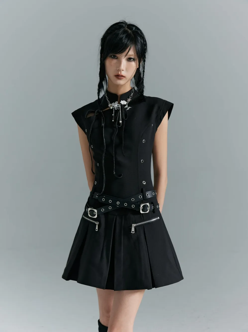 Frustration Garden Gothic Punk Mini Dress - Black Sleeveless A-Line With Zipper Pockets And Belt