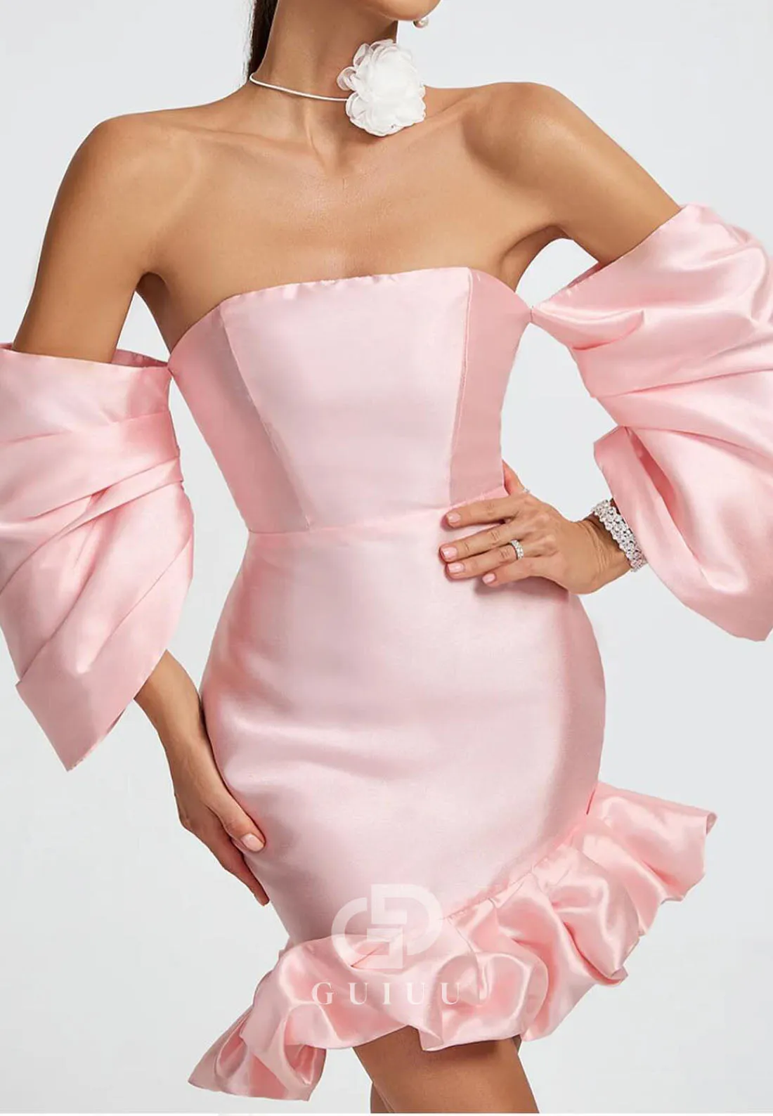 GH1005 -  Sheath Strapless Off Shoulder Long Sleeves Ruched Pink Short Homecoming Dress