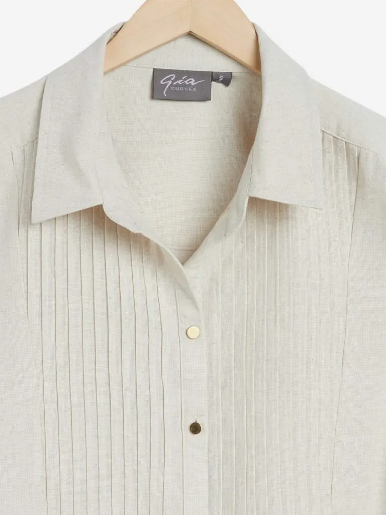 Gia Curves Beige Pin-Tuck Detailed Allen Shirt