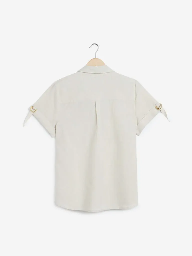 Gia Curves Beige Pin-Tuck Detailed Allen Shirt