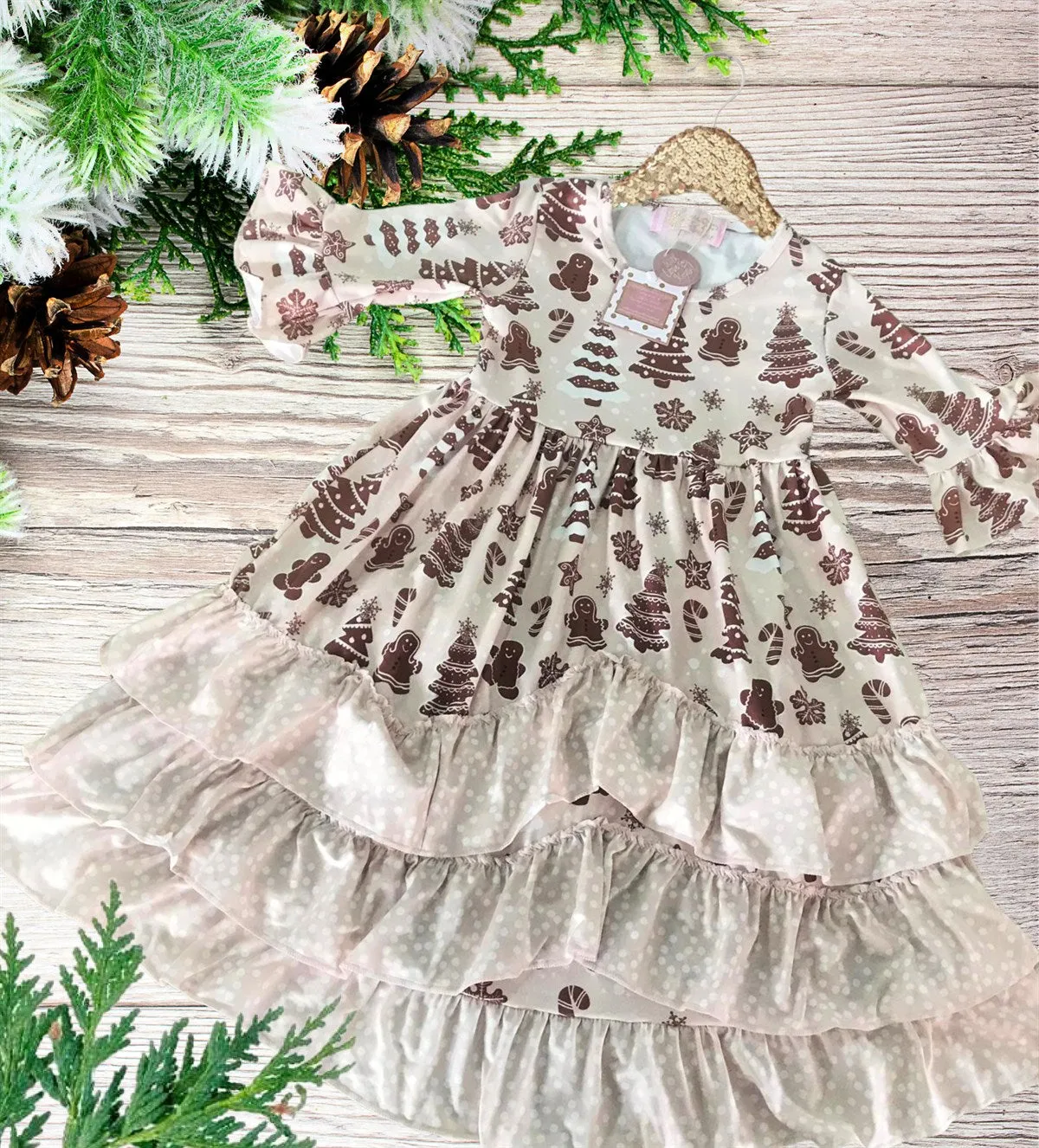 Girls Long Ruffle Holiday/Christmas  Dresses - Blush Gingerbread Man & Trees