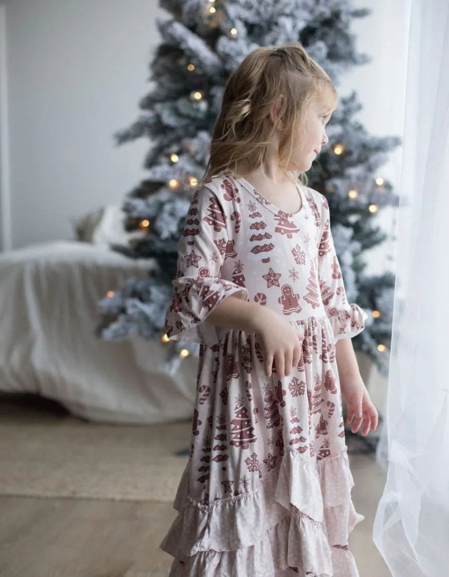 Girls Long Ruffle Holiday/Christmas  Dresses - Blush Gingerbread Man & Trees